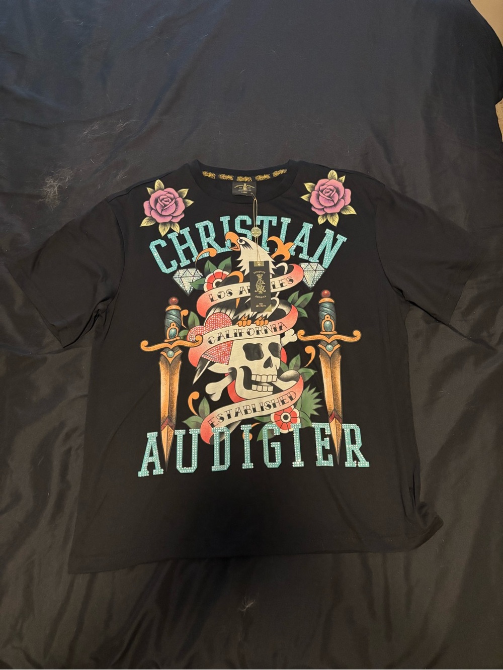 Christian Audigier Black Long-Sleeve Skull Tee with Turquoise & Rose Graphics